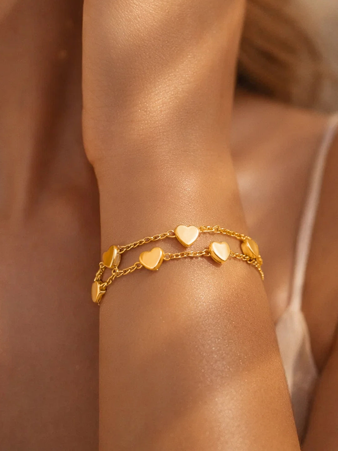 Demi Fine 18K Gold Plated Stainless steel Layered Heart Charm Chain Bracelet