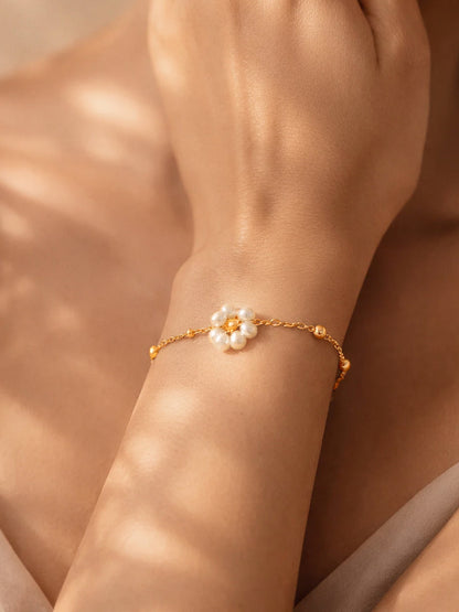 Demi Fine 18K Gold Plated Stainless steel Mini Pearl Floral Chain Bracelet