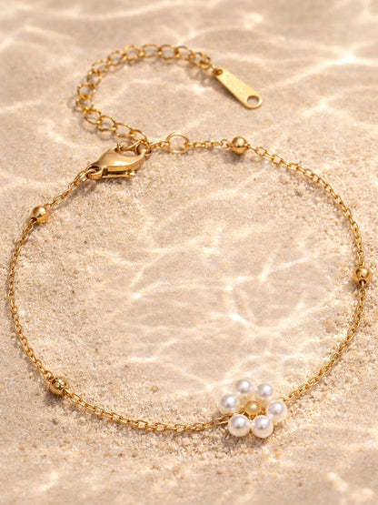 Demi Fine 18K Gold Plated Stainless steel Mini Pearl Floral Chain Bracelet