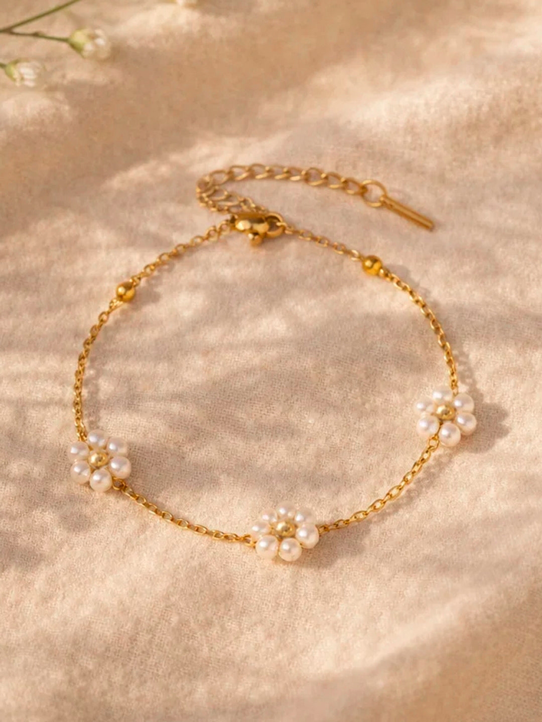 Demi Fine 18K Gold Plated Stainless steel Mini Pearl Floral Charm Chain Bracelet