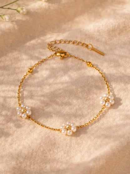 Demi Fine 18K Gold Plated Stainless steel Mini Pearl Floral Charm Chain Bracelet