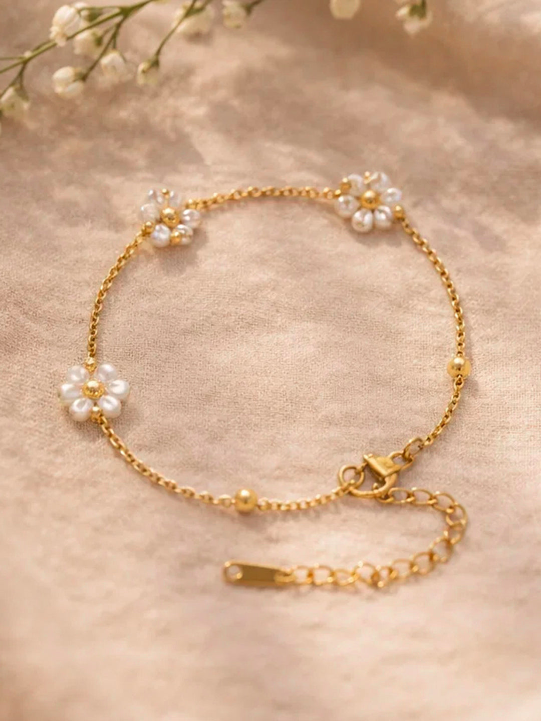 Demi Fine 18K Gold Plated Stainless steel Mini Pearl Floral Charm Chain Bracelet