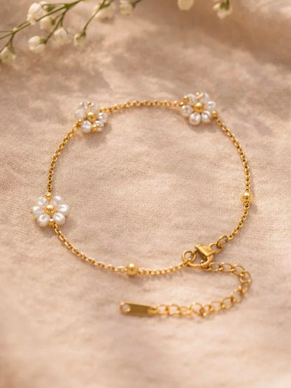 Demi Fine 18K Gold Plated Stainless steel Mini Pearl Floral Charm Chain Bracelet