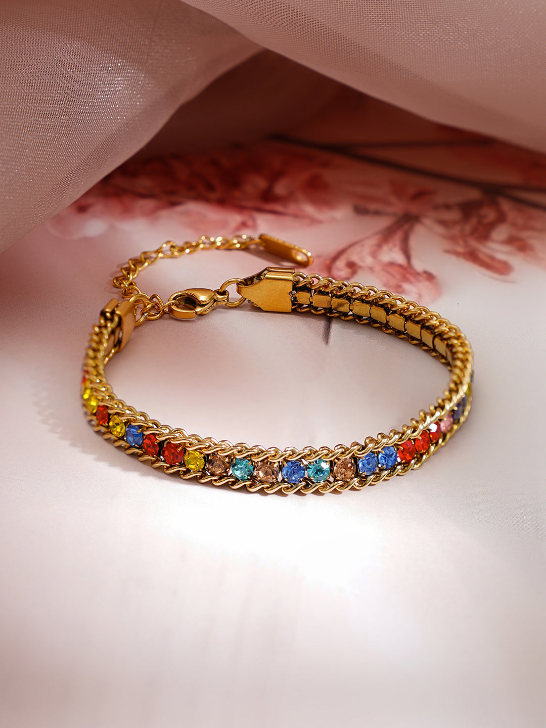 Demi Fine 18K Gold Plated Stainless steel Multicolor Crystal Chain Bracelet