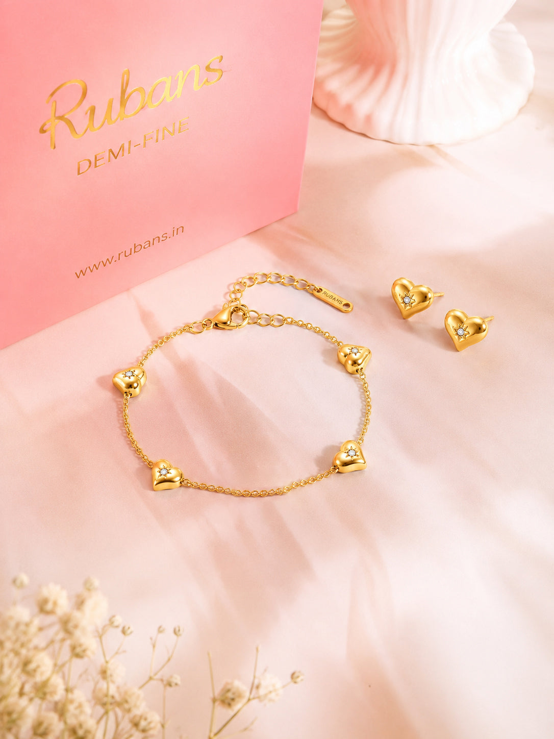 Demi Fine 18k Gold Plated Stainless Steel Heart Charm Bracelet &amp; Stud Earrings