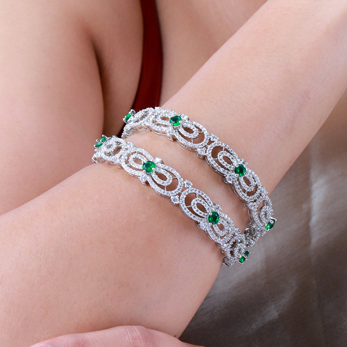 Sparkling Elegance Green CZ White Rhodium Bangles