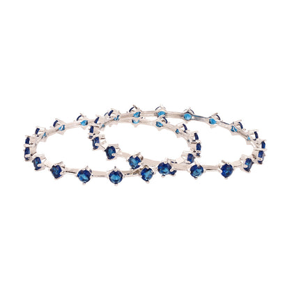 Sparkling Elegance Round Blue CZ Link Bangles - White Rhodium-Plated