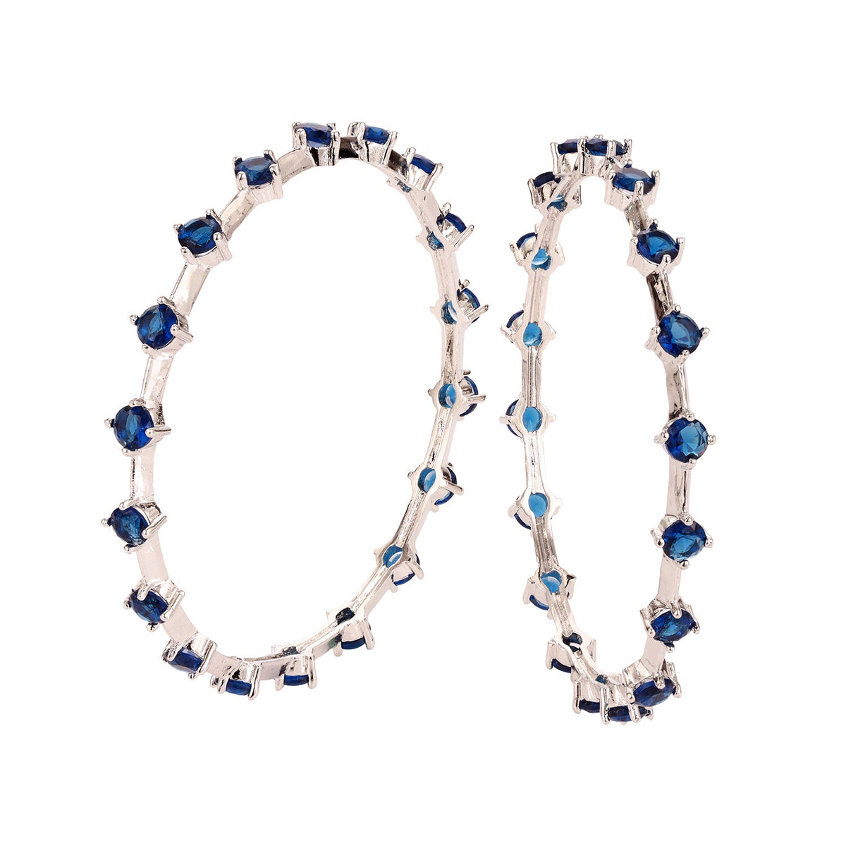Sparkling Elegance Round Blue CZ Link Bangles - White Rhodium-Plated