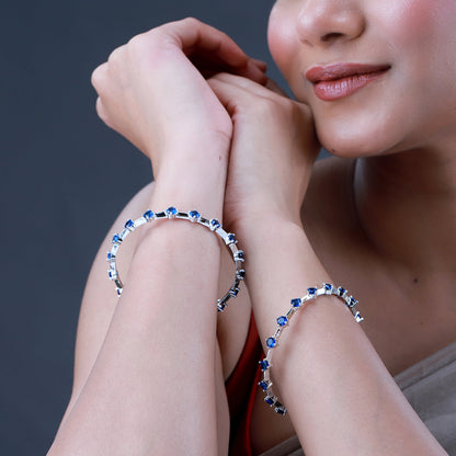 Sparkling Elegance Round Blue CZ Link Bangles - White Rhodium-Plated