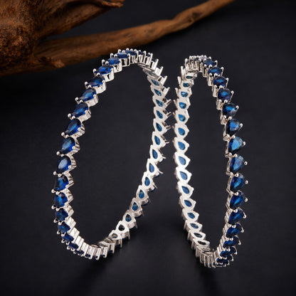 Sparkling Elegance Blue CZ White Rhodium-Plated Bangles