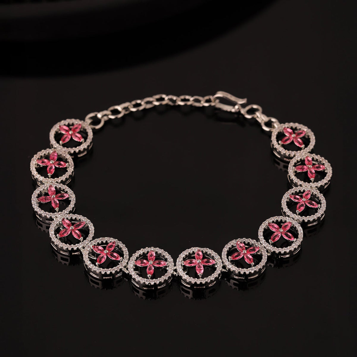 Sparkling Elegance Ruby Bloom American Diamond Tennis Bracelet