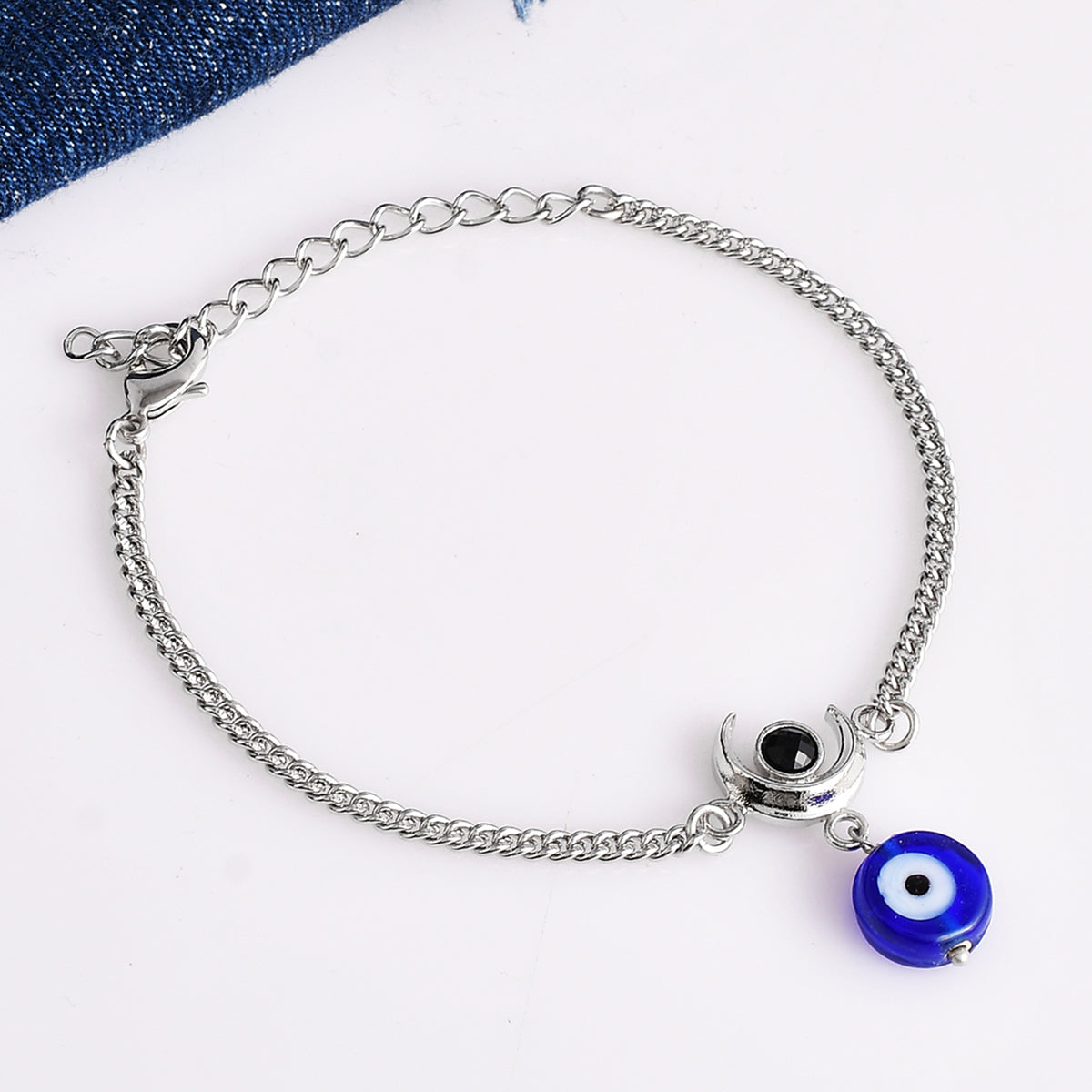Evil Eye Hanging Bead With Shiva Moon Silver Oxidized Bracelet
