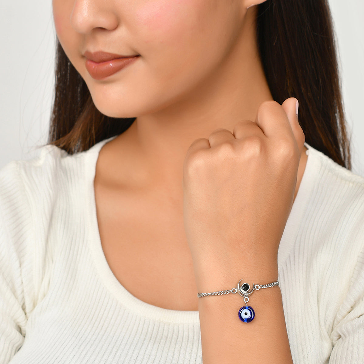 Evil Eye Hanging Bead With Shiva Moon Silver Oxidized Bracelet