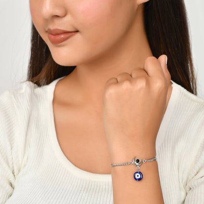 Evil Eye Hanging Bead With Shiva Moon Silver Oxidized Bracelet