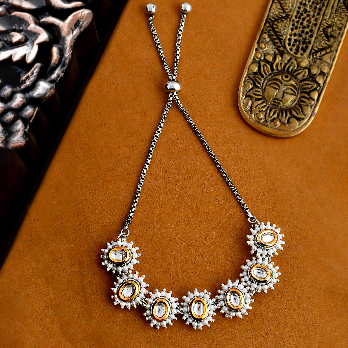 Veerangana White Pearls and Oval Cut Kundan Bracelet