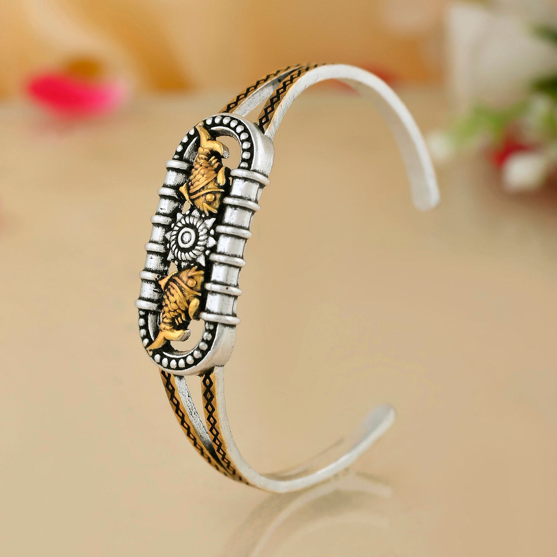 Qasbah Matsya Oxidised Two Tone Statement Cuff Bangle