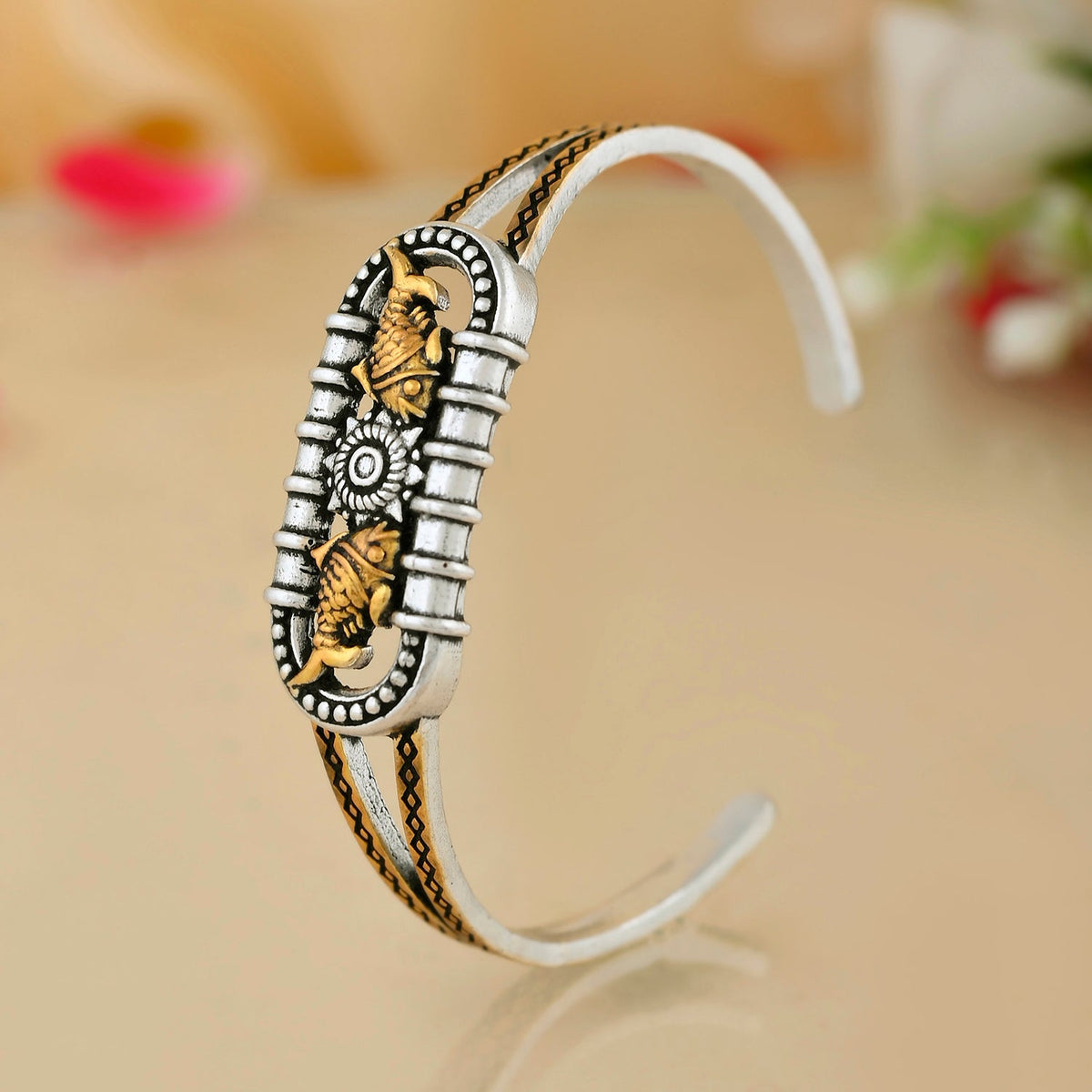 Qasbah Matsya Oxidised Two Tone Statement Cuff Bangle