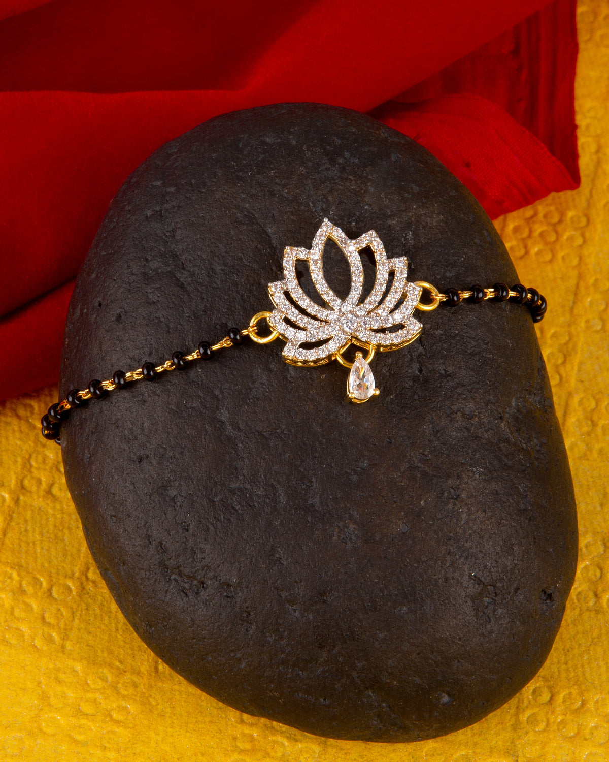 American Diamond CZ Golden Round Brass Black Beaded Mangalsutra Bracelet