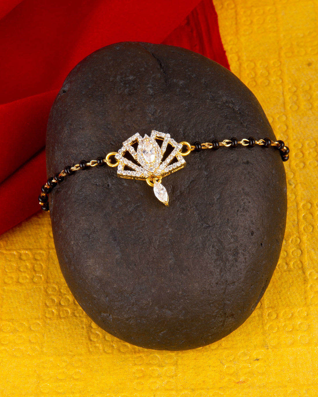 American Diamond CZ Golden Round Brass Black Beaded Mangalsutra Bracelet