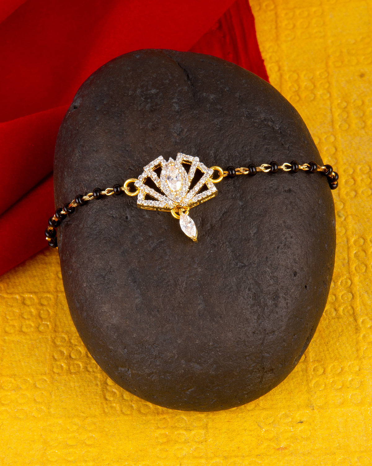 American Diamond CZ Golden Round Brass Black Beaded Mangalsutra Bracelet