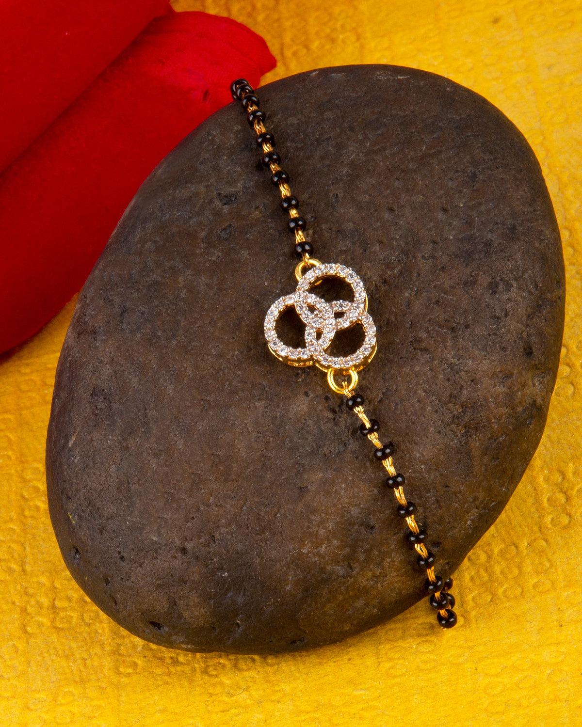 American Diamond CZ Golden Round Brass Black Beaded Mangalsutra Bracelet