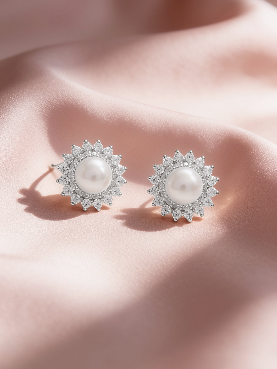925 Fine Silver Rhodium Plated Floral Pearl Stud Earrings