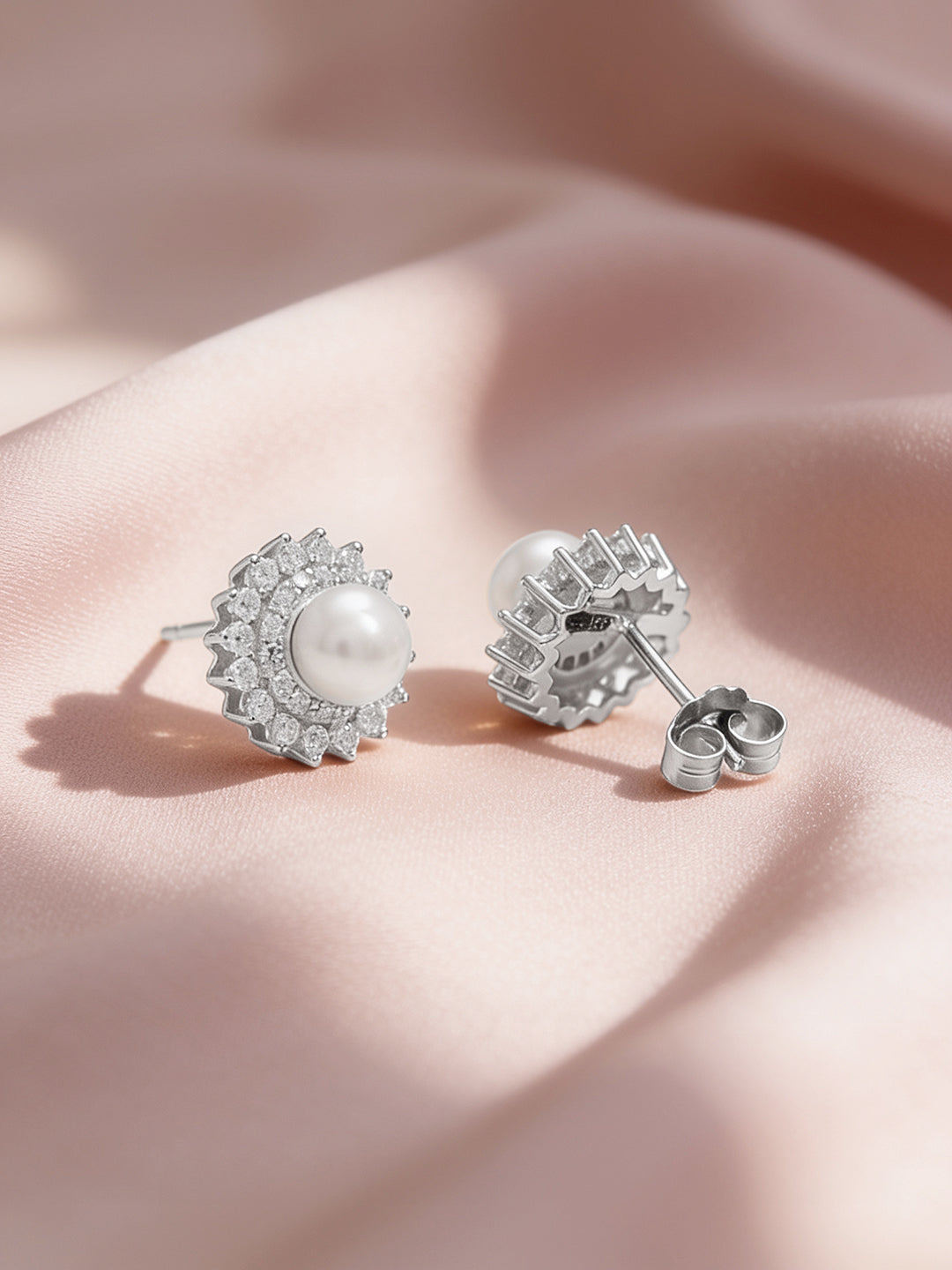 925 Fine Silver Rhodium Plated Floral Pearl Stud Earrings