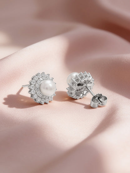 925 Fine Silver Rhodium Plated Floral Pearl Stud Earrings