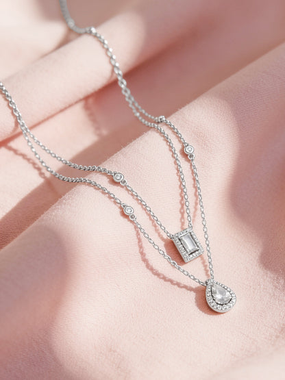 925 Fine Silver Rhodium Plated Cubic Tear Drop Layered Necklace