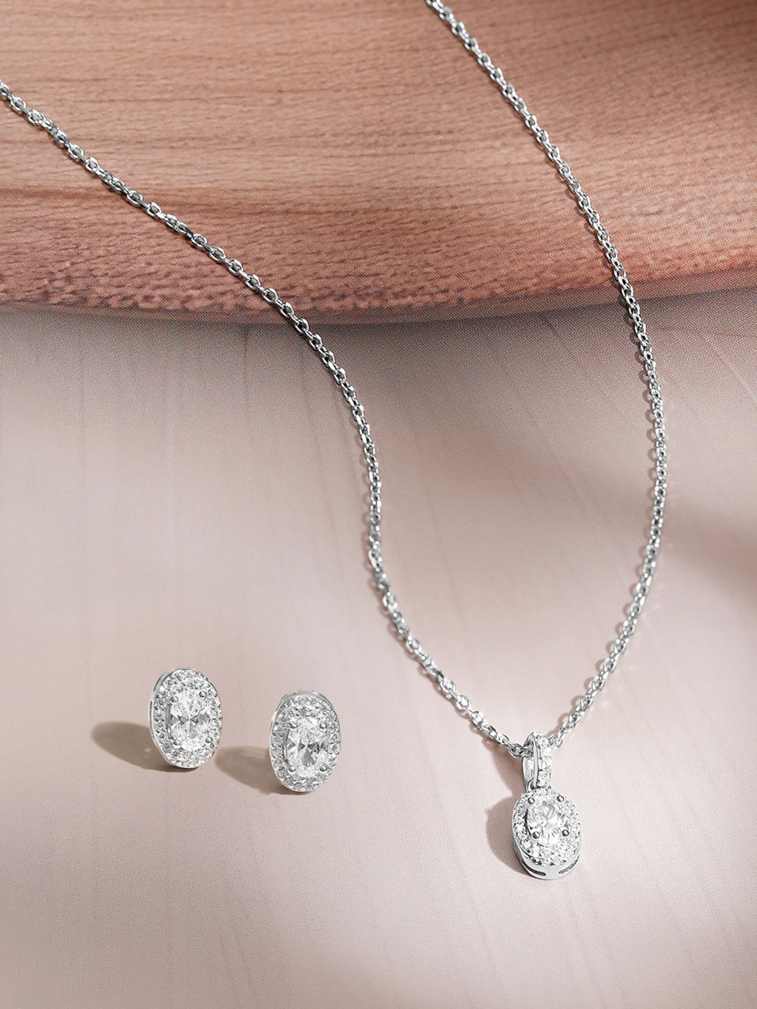 925 Fine Silver Cubic Zirconia Classic Oval Pendant Necklace Set