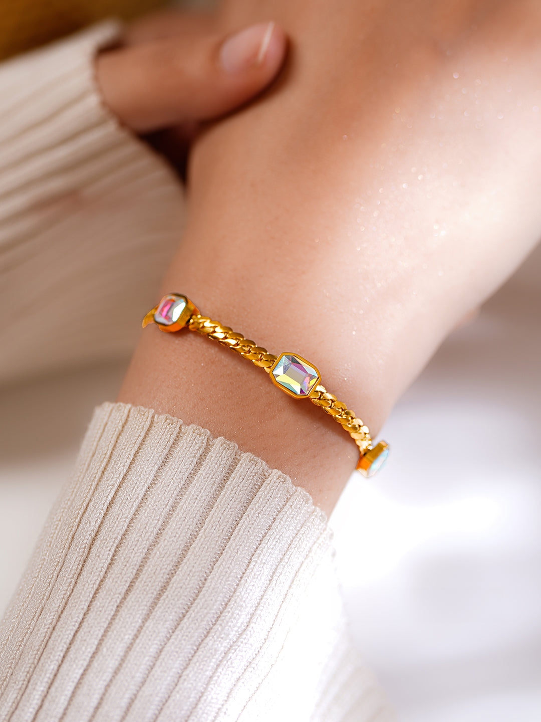 Demi Fine 18K Gold Plated Stainless Steel Rainbow Crystal Chain Bracelet