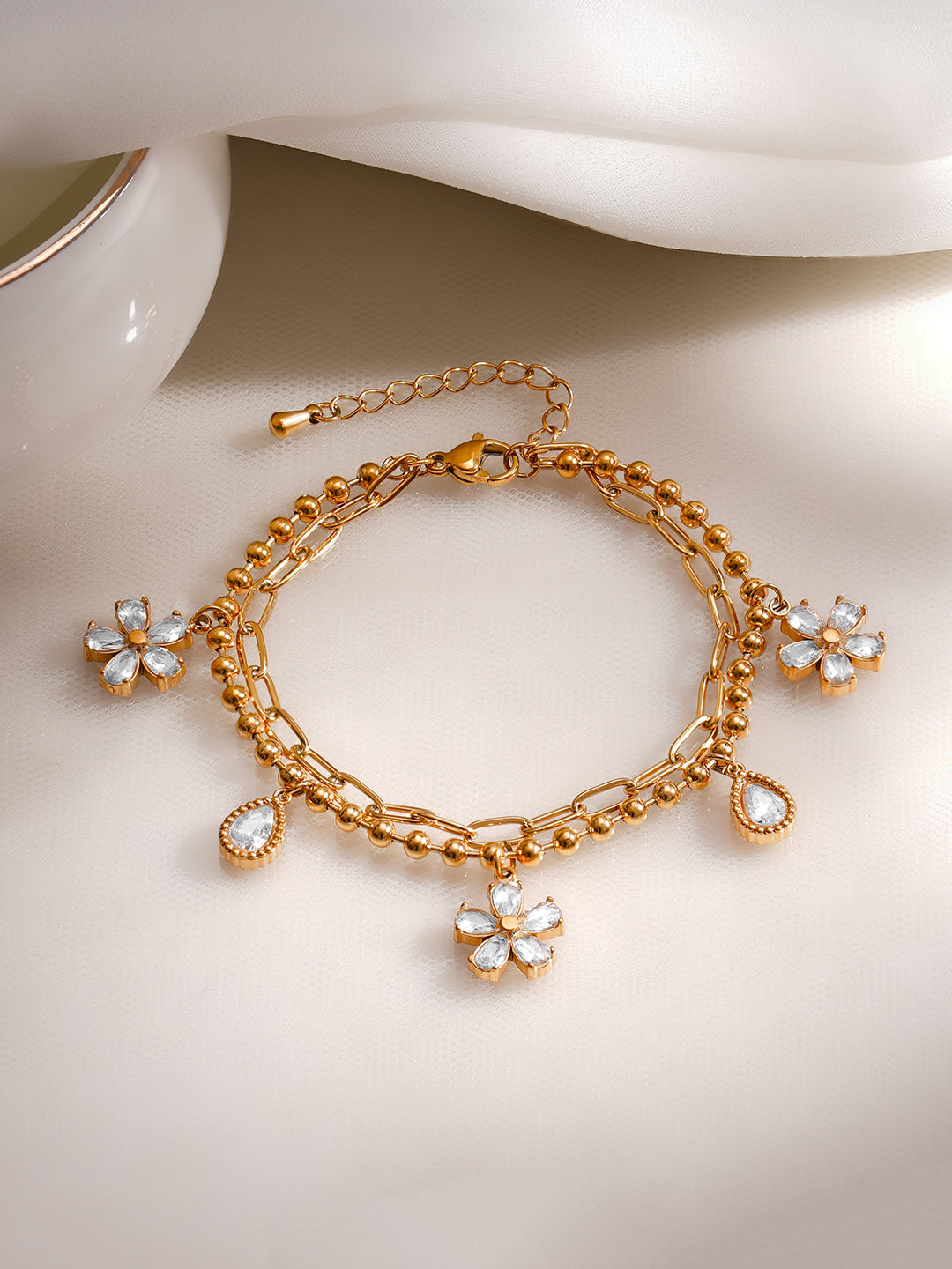 Demi Fine 18K Gold Plated Stainless Steel Daisy Crystal Charm Bracelet