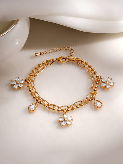 Demi Fine 18K Gold Plated Stainless Steel Daisy Crystal Charm Bracelet