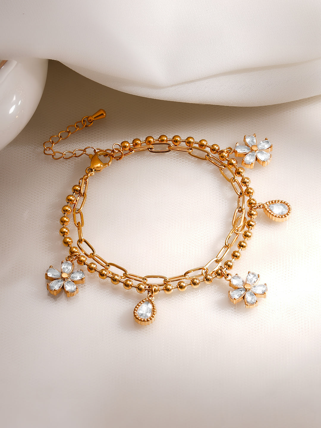 Demi Fine 18K Gold Plated Stainless Steel Daisy Crystal Charm Bracelet