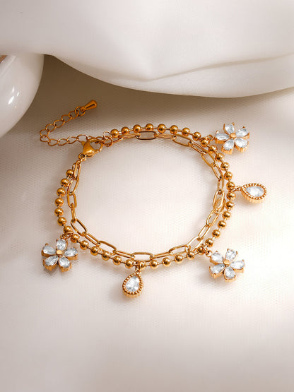 Demi Fine 18K Gold Plated Stainless Steel Daisy Crystal Charm Bracelet