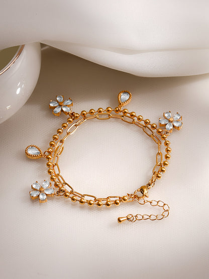 Demi Fine 18K Gold Plated Stainless Steel Daisy Crystal Charm Bracelet
